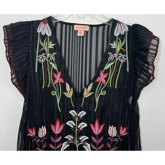 Anthropologie Not So Serious Dress Black Beaded Floral Black 2 Fairy Whimsigoth - Picture 11 of 13